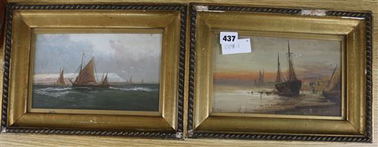 Webb, pair of oils on board, fishing boats along the coast, 14 x 23cm